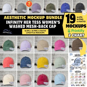 Puede incluir: Paquete de maquetas estéticas con 19 gorras de malla lavada en varios colores, incluyendo blanco, gris, morado, verde, azul, rosa y amarillo. Las gorras tienen una parte trasera de malla y una visera curvada. El texto "Aesthetic Mockup Bundle" está incluido.