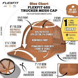 May include: Caramel Flexfit 6511 trucker mesh cap. This cap has a structured 6-panel design, a Permacurv visor with 8 rows of stitching, and a silver undervisor. The bill width is 17.8 cm, and the bill length is 7 cm.