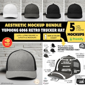 YUPOONG 6606 Retro Trucker Hat Mockup Bundle Printify Trucker Retro Hat, Aesthetic Mockup, Yupoong Trucker Hat White Charcoal Heather Mockup
