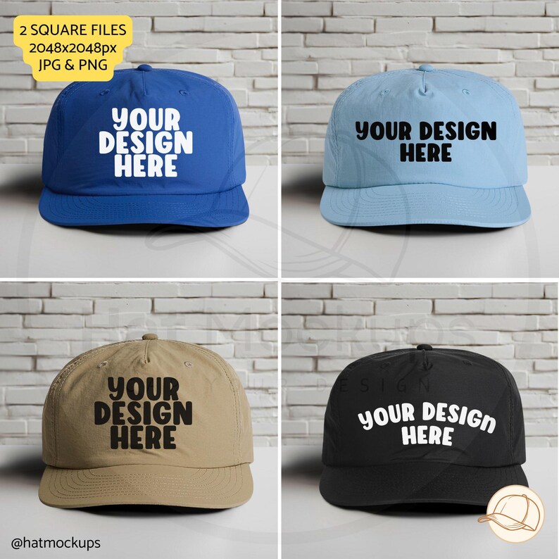 1114 Surf cap Carolina Blue, Brighton Blue, khaki and black as colour 1114 surf cap mockups with an aesthetic white brick wall background. Jpg and png files square ratio digital download for Etsy sellers, Amazon lifestyle images, Shopify Hat Shops.