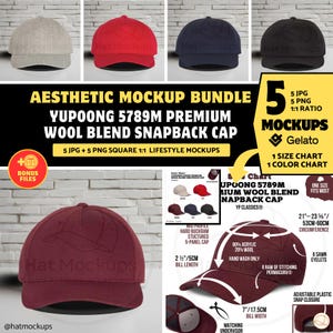 YUPOONG 5789M Cap Mockup Bundle YP Classics 5789M 5-panel Premium Curved Visor Snapback Cap, Wool Blend Cap Yupoong Mockup, Aesthetic Mockup