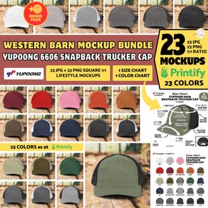 Printify YUPOONG 6606 Cap Mockup Bundle 6606 Snapback Trucker Cap Western Barn Backdrop, Country Ranch Mockup, YP Classics Matching Mockups