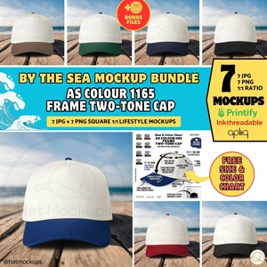May include: A mockup bundle featuring two-tone baseball caps in a range of colours, such as brown, green, navy, and black. The caps have a white front panel and a contrasting brim. The image includes text that says "BY THE SEA MOCKUP BUNDLE AS COLOUR 1165 FRAME TWO-TONE CAP".