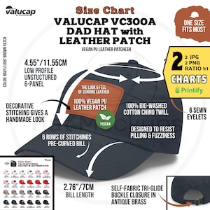VALUCAP VC300A Dad Hat Size Chart and Color Guide, Printify Rectangle Leather Patch Cap Features (Digital Download Jpg, Png)