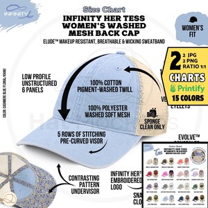 May include: A light blue cap with a khaki mesh back, featuring a pre-curved visor with five rows of stitching, a low profile unstructured six-panel design, and a contrasting patterned undervisor, labeled as Infinity Her Tess.