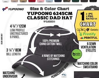 YUPOONG 6245CM Classic Dad Hat Size and Color Chart Mockup (Digital Download Jpg, Png)