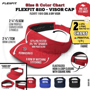 FLEXFIT 8110 Visor Size and Color Chart, 100 Dry Cool Performance Visor Sun Cap Product Specs Mockups