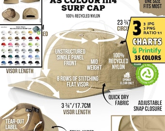 AS COLOUR 1114 Surf Cap Size Chart and Color Chart, Printify 35 Colors (Digital Download Jpg, Png)