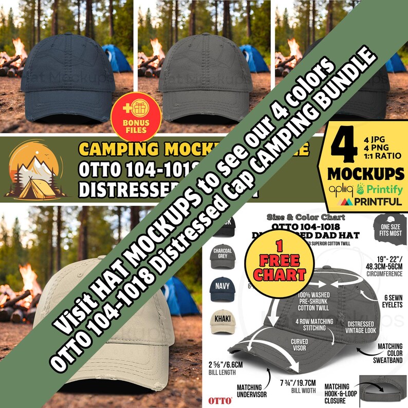 May include: Image of a camping mockup of distressed caps in four colours. The caps have a curved visor, matching colour sweatband, and hook-and-loop closure. The image includes text that says "Visit HAT MOCKUPS to see our 4 colours OTTO 104-1018 Distressed Cap CAMPING BUNDLE."