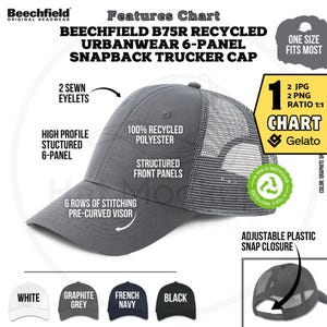 Características do boné BEECHFIELD B75R Tabela de cores Boné Trucker Snapback Urbanwear Reciclado Gelato Beechfield BC75R de 6 painéis com aba curva Informações do produto Boné B75R