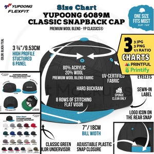 May include: Black and teal classic snapback cap with a structured 6-panel design. Features a flat visor, adjustable plastic snap closure, and a classic green color undervisor. Made with a premium wool blend fabric.