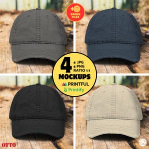 May include: Four baseball caps in different colors: gray, navy, black, and tan. Each cap has a distressed look and a baseball cap design. The image includes text that says "MOCKUPS" and "PRINTFUL Printify".