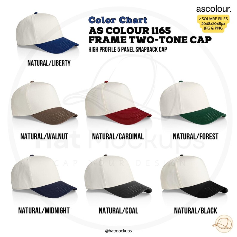 Color Chart As Colour 1165 Frame Two-Tone Cap Colorway mockup for instant digital download, Jpg and Png files. AS1165 High Profile 5 panel snapback frame Cap in 7 colors as found at Printify, apliiq, Inkthreadable UK, natural walnut, natural cardinal red, natural liberty blue, natural forest green, natural midnight blue, natural coal grey, natural black. Color guide for Etsy listings, Amazon, Walmart, eBay and Shopify Hat Shops. From Hat Mockups Headwear Mockup Shop on Etsy.