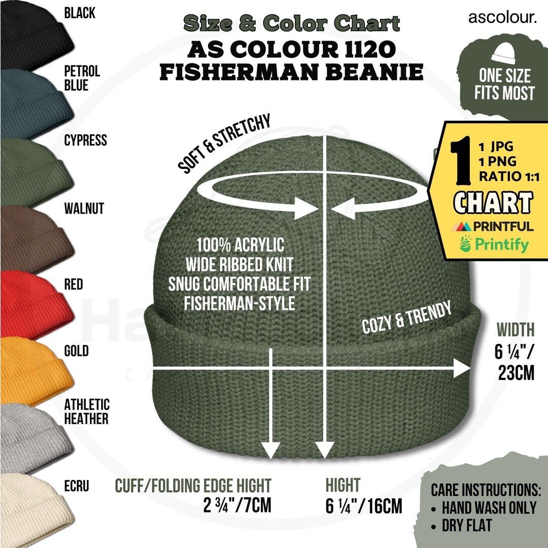 AS COLOUR 1120 Size and Color Chart Fisherman Beanie Features, Printful ...