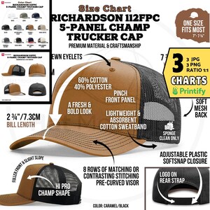 以下が含まれることがあります： ブラウンとブラックのRichardson 112FPC 5パネルトラッカーキャップ。カーブバイザー、メッシュバック、調節可能なプラスチック製スナップ留め付き。バイザーの長さは7.3cm、ピンチフロントパネル、コットン製スウェットバンドを備えています。テキスト：Size Chart、60% Cotton 40% Polyester、Sponge Clean Only。