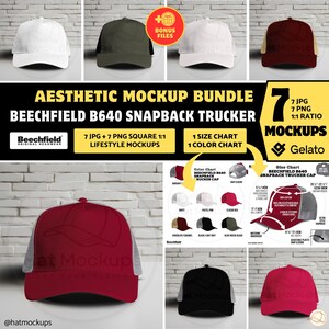 May include: A mockup bundle of seven different color variations of a Beechfield B640 Snapback Trucker cap. The caps are shown in white, green, red, black, and red with a gray mesh back. The caps are all shown on a brick wall background. The text "Beechfield Original Headwear" is shown at the top of the image.