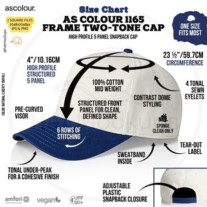 May include: A white and blue AS Colour 1165 Frame Two-Tone Cap. The high-profile, structured 5-panel hat features a pre-curved visor, 6 rows of stitching, and a tonal under-peak. It has a 4-inch (10.16 cm) high profile and a 23 1/2-inch (59.7 cm) circumference.