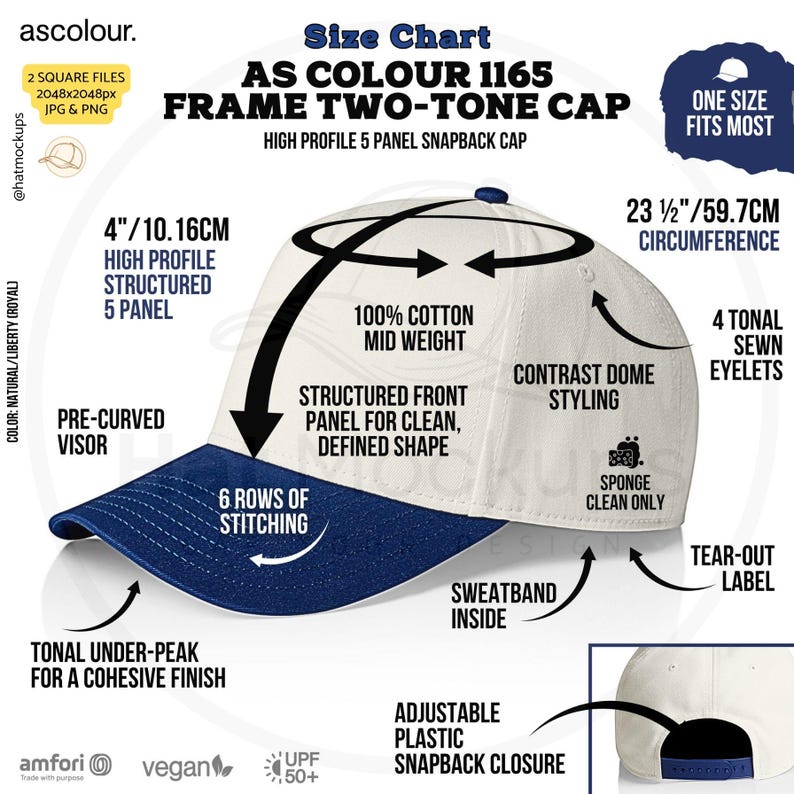 May include: A white and blue AS Colour 1165 Frame Two-Tone Cap. The high-profile, structured 5-panel hat features a pre-curved visor, 6 rows of stitching, and a tonal under-peak. It has a 4-inch (10.16 cm) high profile and a 23 1/2-inch (59.7 cm) circumference.