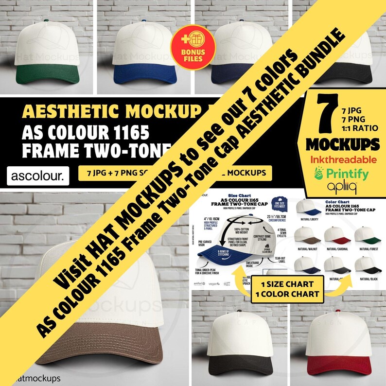 May include: Aesthetic mockup of AS Colour 1165 Frame Two-Tone Caps in various colors, including white with green, blue, and navy blue brims. The image includes text about the product and a color chart.