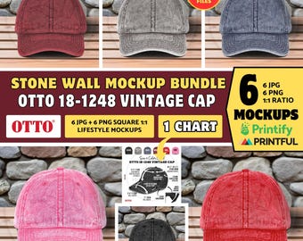 OTTO 18-1248 VINTAGE Cap Mockup Bundle Vintage Hat Otto 18-248 Mock up Stone Wall Background, Outdoors Mockup, Otto Vintage Cotton Twill Cap