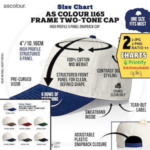 May include: A white and navy blue AS Colour 1165 Frame Two-Tone Cap with a high profile, structured 5-panel design. Features a pre-curved visor, adjustable snapback closure, and a sweatband. The hat has a 10.16 cm high profile and is made of 100% cotton.