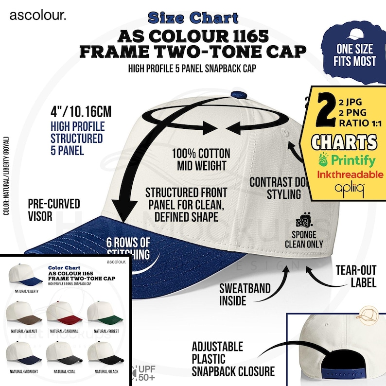 As Colour 1165 Frame Two-Tone Cap Size Chart and Color Chart for instant digital download. AS1165 Cap two colors product specs for Etsy listings, Amazon, Walmart, eBay and Shopify Hat Shops. AS Colour High Profile 5 panel snapback frame Cap in 7 colors as found at Printify, apliiq, Inkthreadable UK, natural walnut, natural cardinal red, natural liberty blue, natural forest green, natural midnight blue, natural coal grey, natural black. Jpg png files.From Hat Mockups Headwear Mockup Shop on Etsy.