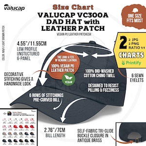 VC300A Patch Cap Size Chart ValuCap Dad Hat Round Leather Patch Color Chart,Features Printify Dad Hat Round Patch Color Guide,Patch Cap Size