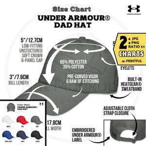 Tabla de tallas de gorras de béisbol de UNDER ARMOUR Tabla de colores de gorras de béisbol de Under Armour, características de las gorras de béisbol de Printful, guía de colores de gorras de béisbol UA, tabla de tallas digital