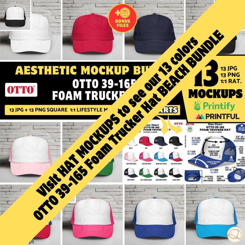 May include: A collection of trucker hat mockups in various colors, including red, navy, and pink. The image features the text "Aesthetic Mockup Bundle" and "Visit HAT MOCKUPS to see our 13 colors OTTO 39-165 Foam Trucker Hat BEACH BUNDLE."