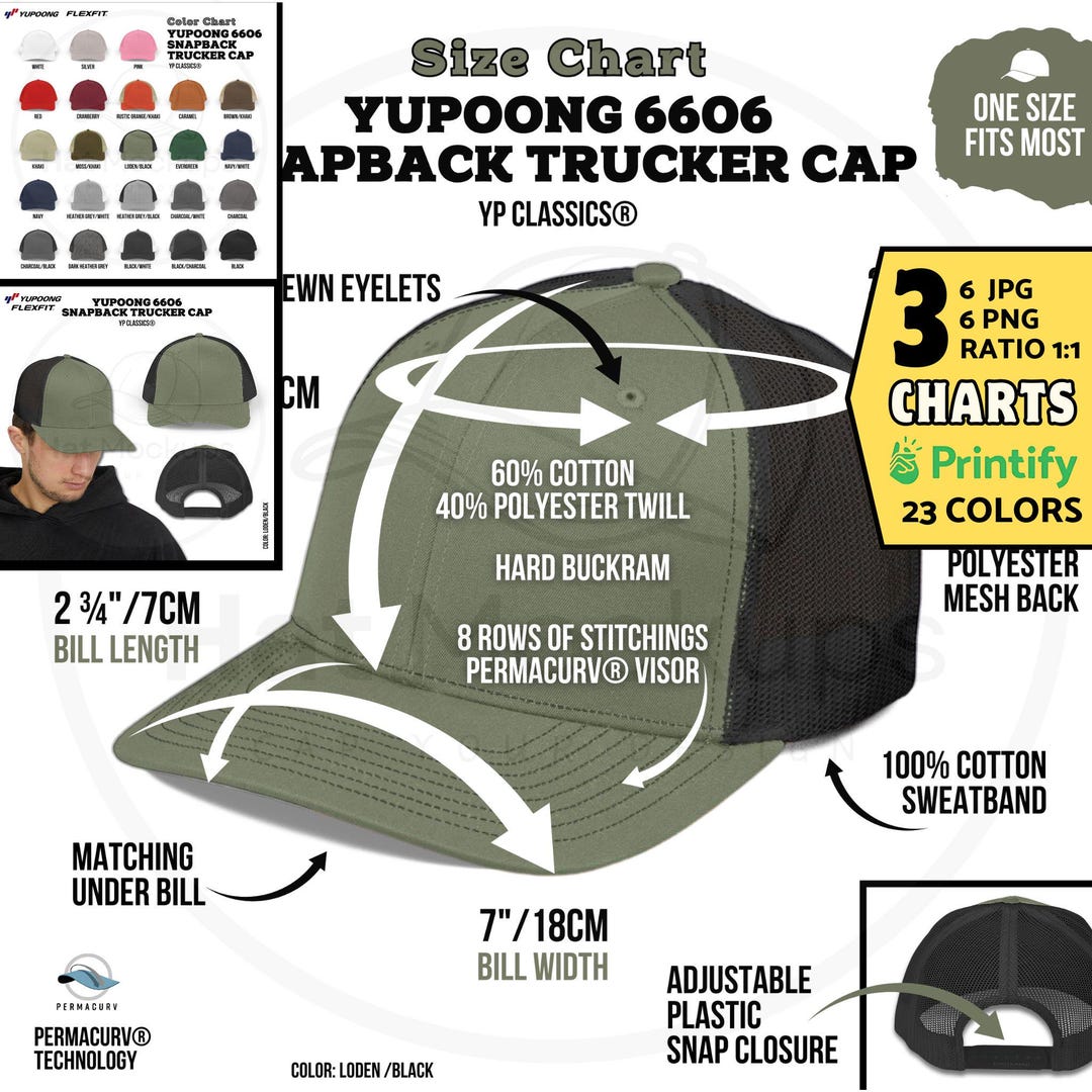 YUPOONG 6606 Cap Size Chart Printify 6606 Snapback Trucker Cap