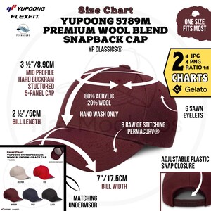 May include: A burgundy Yupoong 5789M Premium Wool Blend Snapback Cap. The cap has a mid-profile, hard buckram, structured 5-panel design. Features include a 2 1/2" bill length, 7" bill width, and an adjustable plastic snap closure. The cap is made of 80% acrylic and 20% wool.