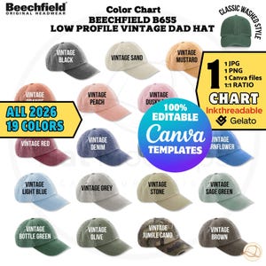 May include: A colour chart showcases 19 low-profile vintage dad hats in various colours, including black, sand, mustard, peach, denim, and red. The hats have a classic, washed style. The image includes text that says "Beechfield," "Colour Chart," and "Canva Templates."