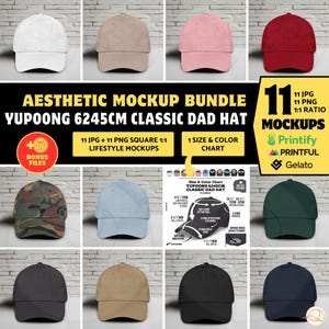 YUPOONG 6245CM Classic Dad Hat Mockup Bundle, Dad Hat Yupoong 6245 Mockup, Baseball Cap Mockup, Printful Hat Mockup,Dad Hat Size Color Chart