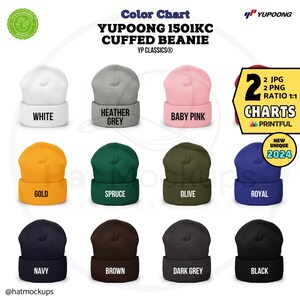 Tabla de colores de gorros con puños YUPOONG 1501KC Guía de colores de gorros con puños Printful, tabla de colores de gorros Yupoong con descarga digital Gorro de punto clásico YP