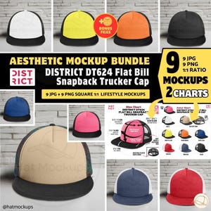 DISTRICT DT624 Cap Mockup Bundle District Flat Bill Snapback Trucker Cap Mockup, DT624 Trucker Hat Mockup District Snapback Aesthetic Mockup