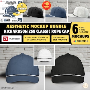 RICHARDSON 258 Cap Mockup Bundle 258 Classic Rope Cap Mock Richardson 258 5-Panel Rope Hat Aesthetic Mockup, Richardson Cap Size Color Chart