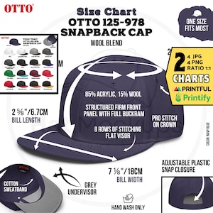 OTTO 125-978 Tableau des tailles des casquettes snapback, nuancier imprimable OTTO Snapback, caractéristiques OTTO snap laine mélangée 6 panneaux des couleurs Guide, carte d'information Otto