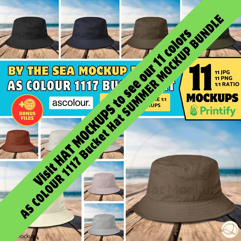 May include: A mockup image showcasing a variety of bucket hats in different colors, including black, navy, and brown. The image includes text that reads "BY THE SEA MOCKUP" and "AS COLOUR 1117 BUCKET HAT SUMMER MOCKUP BUNDLE."