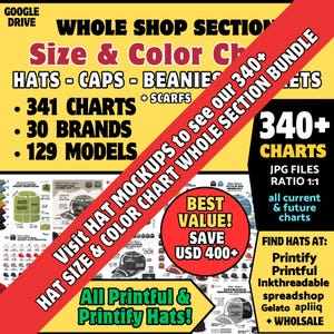 May include: A promotional image with a yellow background, featuring text about hat mockups, charts, and brands. The image highlights a bundle of over 340 charts, with a focus on Printful and Printify hats. The text includes "HATS - CAPS - BEANIES + SCARFS".