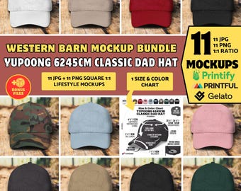 YUPOONG 6245CM Classic Dad Hat Mockup Bundle Dad Cap Yupoong 6245 Ranch Mockup,Western Barn Backdrop,Flexfit Cotton Twill Low Profile 6245CM