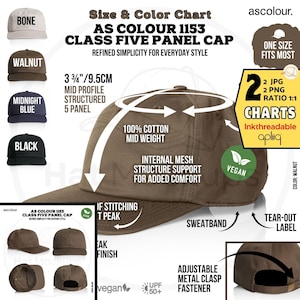 May include: A size and colour chart for the AS Colour 1153 Class Five Panel Cap. The chart displays the hat in Bone, Walnut, Midnight Blue, and Black. The hat is made of 100% cotton, has a mid-profile, and features an adjustable metal clasp fastener.