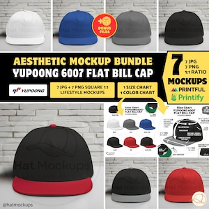 YUPOONG 6007 Flat Bill Cap MOCKUP Bundle Printful Yupoong Cotton Twill Cap Aesthetic Mockup, YP 6007 Classics Five Panel Snapback Cap Mockup
