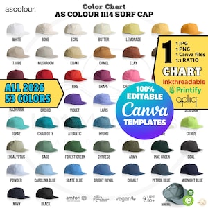 May include: A colour chart displaying AS Colour 1114 Surf Caps in 53 colours, such as white, black, navy, and various shades of green, blue, and brown. The image includes text that says "ALL 2026 53 COLOURS" and "100% EDITABLE Canva TEMPLATES".