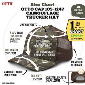 OTTO 105-1247 Camo Cap Size Chart OTTO Camouflage Trucker Hat Sizing Chart, OTTO Cap 1051247 Camouflage Hat Features Camo Trucker Info Guide