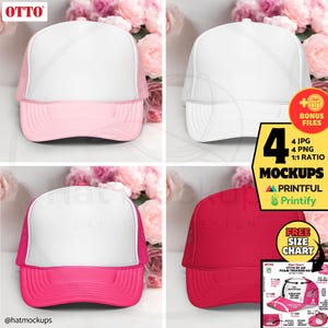 May include: Four trucker hats in pink, white, and red, with white mesh backs and brims. The hats are displayed against a backdrop of pink flowers. The image includes text that says "MOCKUPS" and "Printful".