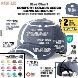 May include: A denim blue Comfort Colors CCSCO sunwashed cap featuring a high profile, unstructured 6-panel design, 100% cotton pigment-dyed twill, a 2.75-inch bill length, 7-inch bill width, and a self-fabric closure with a metal slider and tuck-in.