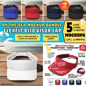 May include: A mockup bundle showcasing Flexfit 8110 visor caps in blue, red, navy, and black. The image includes a size and colour chart, detailing features like a 7cm brim length and moisture-wicking fabric. The circumference is 56cm-59cm.