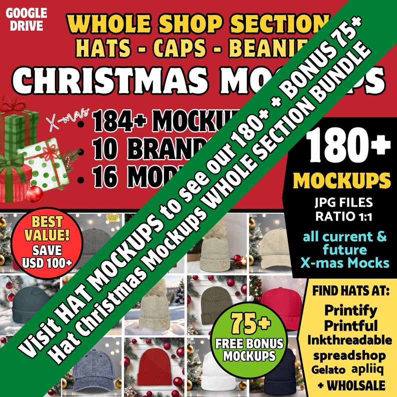 May include: Promotional image for hat mockups, with text including "Christmas Mockups" and "180+ Mockups." The image showcases various hat styles and colours, with a "Best Value! Save USD 100+" banner. The image also includes the text "Visit HAT MOCKUPS to see our 180+ + BONUS 75+ Hat Christmas Mockups WHOLE SECTION BUNDLE."