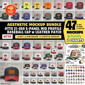 May include: Aesthetic mockup bundle showcasing 47 baseball caps with leather patches in diverse colours. The caps are Otto 31-069 5-panel mid-profile style. Includes 47 JPG and 47 PNG files. The image also includes charts and bonus files.