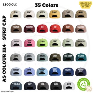 Printify AS Colour 1114 Surf Cap 35 colors digital color chart for instant digital download. Jpg and png files square ratio. Surf Cap Color Guide for Etsy listings, Amazon sellers, Shopify Hat Shops, eBay, Amazon. From Hat Mockups Shop on Etsy.